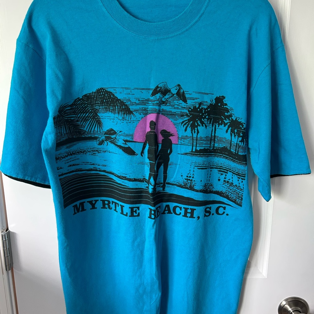 Vintage Myrtle Beach Graphic Blue T-Shirt Sunset Size Large